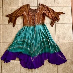 Lace Up Midi Peasant Dress Handkerchief Hem Women Size M Fairy Brown Teal Purple